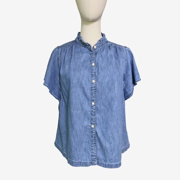 Gap Ruffle Collar Flutter Sleeve Denim Chambray Button Front Top Size Small - Picture 3 of 10